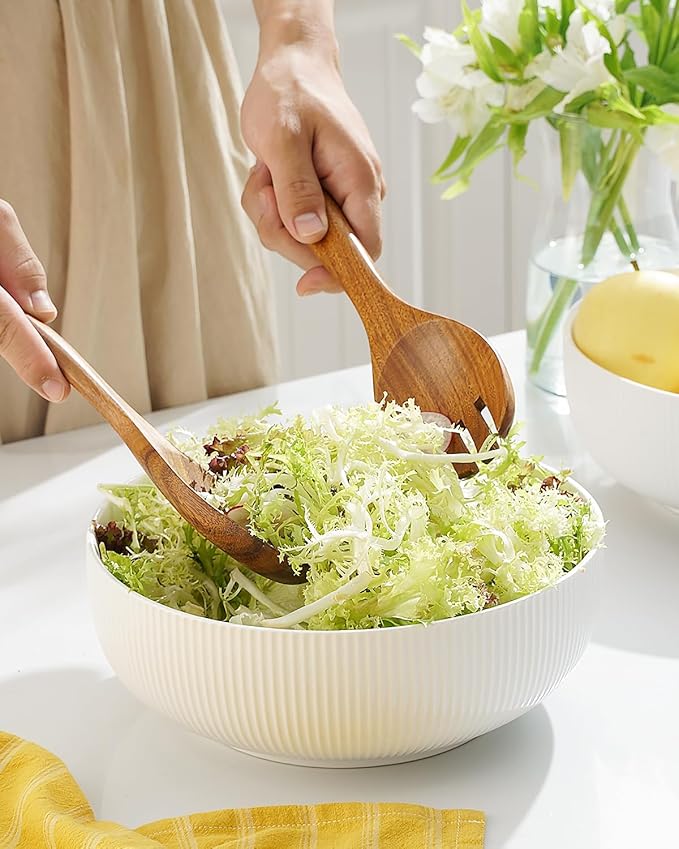 getstar Large Serving Bowls (8 inch & 60 fl oz), Ceramic Salad Bowl Set of 2, Microwave and Dishwasher Safe, Farmhouse Kitchen Decorative Bowls Set (Embossed Checks & Stripes)