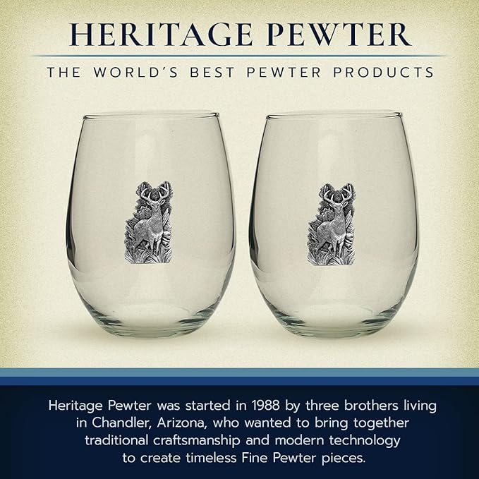 Heritage Pewter Whitetail Deer Stemless Glass Goblets β Set of 2 | 15 OZ Goblet Wine Glasses | Expertly Crafted Pewter Glass