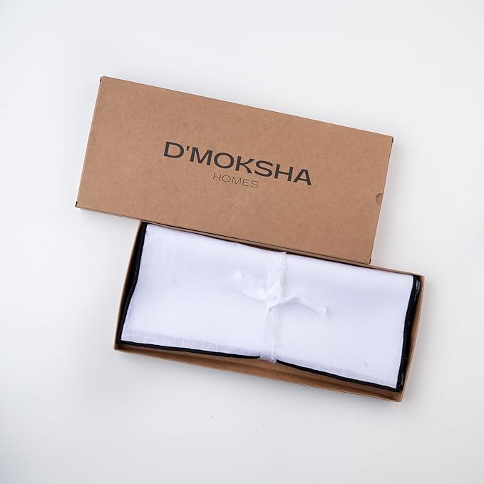 D'Moksha Homes White Linen Placemats with Black Embroidered Trim, Set of 4-14 x 19 Inch, 100% Pure Linen Cloth Placemats White & Black for Dining, Christmas, Holiday, New Year - Machine Washable