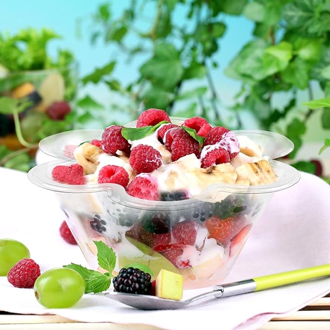 TOFLEN 17 Oz Clear Plastic Bowls for Parties, 100 Pack Flower Shaped Disposable Hard Plastic Party Bowls for Dessert, Ice Cream, Parfait, Fruit, Salad, Snack and More Cold Food