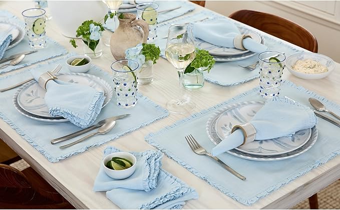 Solino Home Ice Water Linen Placemats 14 x 19 Inch - 100% Pure Linen Juliette Ruffle Placemats Set of 4 - Handcrafted and Machine Washable Table Mats for Christmas, New Year