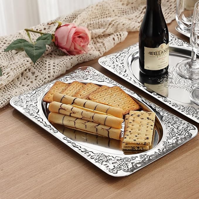 4-Pack Silver Serving Trays Set - ZENOVLUX Vintage Floral Engraved Mirror Decorative Tray, 13.8" x 8.7" Party Platters for Whiskey, Cookies, Charcuterie, Snacks, Desserts, Fruit, Party Food Display