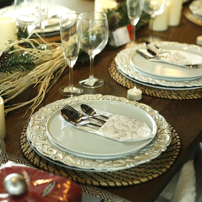 Antique Charger Plates, 13 Inch White Dinner Plate Chargers Round Server Ware. Set of 6 Plastic Embossed Charger for Dinner, Party, Wedding, Elegant Tableware Decoration. (White)