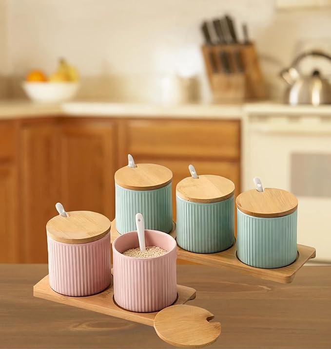 300ml Ceramic Sugar Bowl,Porcelain Salt Bowl Condiment Jar Spice Container with Bamboo Lids Porcelain Spoon,Spice Jar Seasoning Condiment Pot for Home Kitchen (Green)