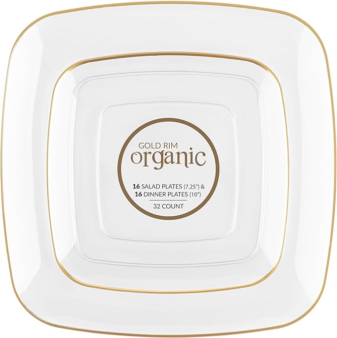 PLASTICPRO Square Clear Plastic Organic Design Party Plates includes 64 7.25'' & 64 10'' Premium heavyweight Elegant Disposable Tableware Dishes