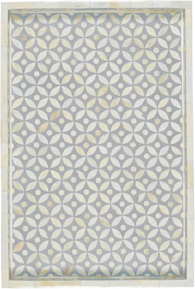 Handmade Resin Tray Bone Inlay Rectangle Serving Tray Floral Geometric Pattern Fancy and Decorative Serving Platter with Handle for Snacks, Tea, Coffee Table, Dining (Grey)
