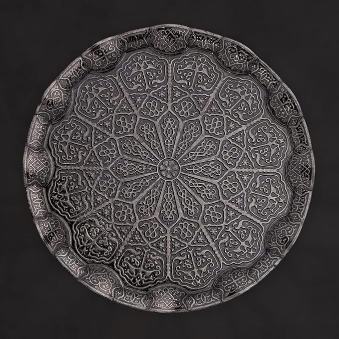Alisveristime Turkish Ottoman Coffee Tea Serving Tray – 13.60 inches, Metal with Traditional Motifs, Available in Five Colors (Black)