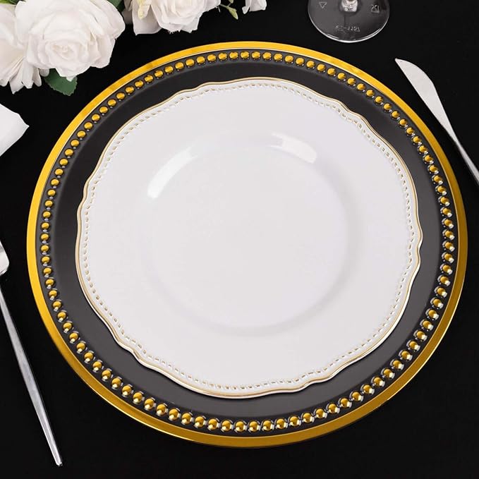13" Charger Plates -Set of 12 - Acrylic Clear/Gold Round Beaded Disposable Chargers, Ideal for Dinner Party Wedding Bulk Events Tabletop Decoration