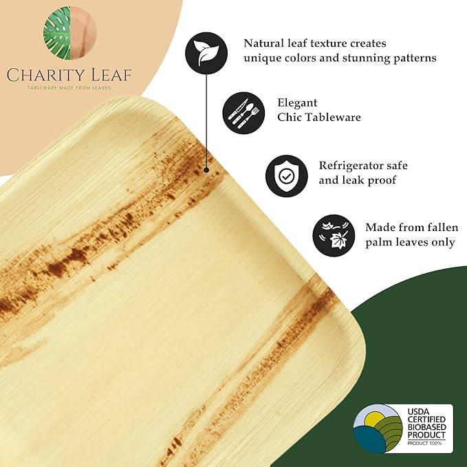 Charity Leaf Disposable Palm Leaf 14" Round Trays (25 pieces) Bamboo Like Serving Platters, Disposable Boards, Eco-Friendly Dinnerware For Weddings, Catering, Events