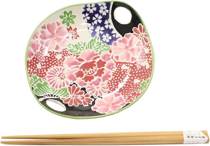 Ebros Pink Sakura Cherry Floral Blossoms Appetizer Snack Serving Coupe Plate Dish With Chopsticks And Built In Rest Set 7"L Small Flat Bowl For Hors D'oeuvres Sushi Ice Cream Serveware Plates (1)