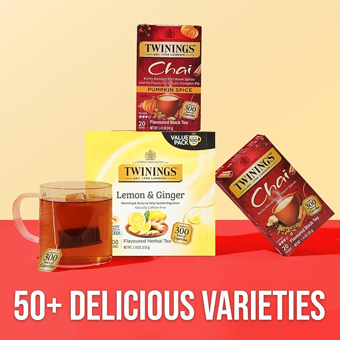 Twinings Pumpkin Spice Chai Black Tea Individually Wrapped Bags, 20 Count (Pack of 6), Warm, Spicy & Aromatic, Caffeinated, Enjoy Hot or Iced, 120 Teabags