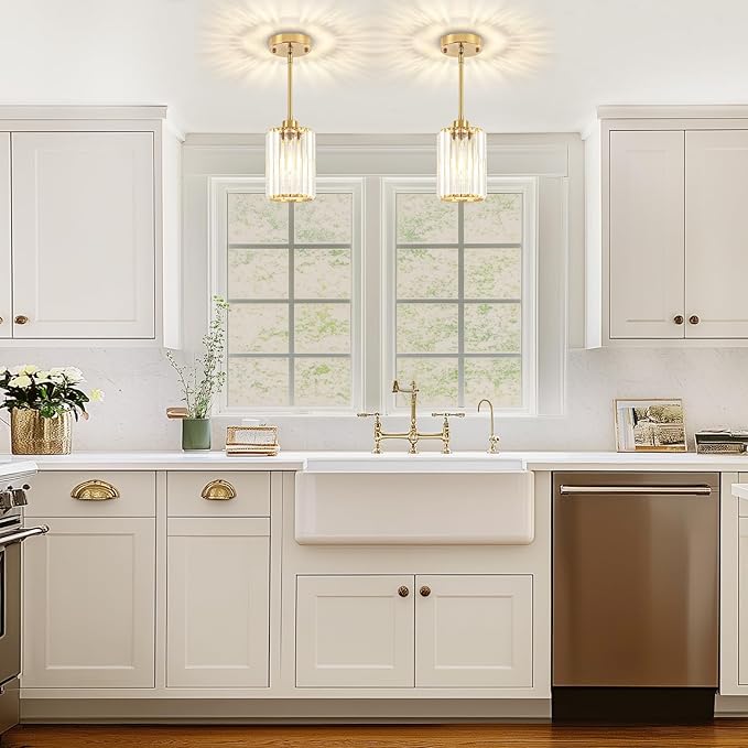 2 Pack Pendant Lights Kitchen Island, Modern Brushed Gold Pendant Light Fixtures, Kitchen Hanging Lights Mini Chandelier Crystal Pendant Lighting for Island Dining Room Hallway Bedroom