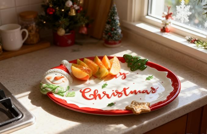 White Oval Xmas Snacks Appetizer Trays Sets, Christmasman Dessert Porcelain Serving Dishes, Snack Platter, Food Cereal Salad Bowl, Christmas Santa Claus High Relief Ceramic Plate - White