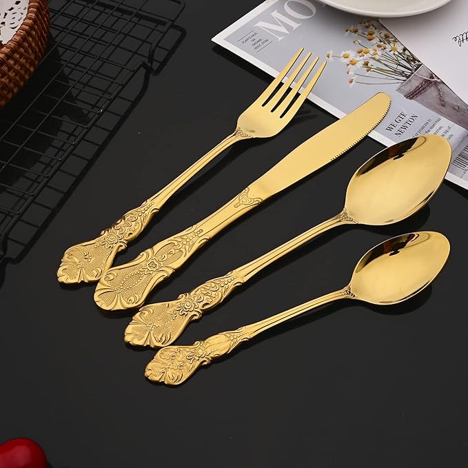 JASHII Palace Gold Silverware Set 4 Piece Family Dinnerware Set Flatware Set for 1 Silver Tableware Set Great for Family Gatherings & Daily Use-Spoons, Knives, Teaspoons, Forks (Gold)