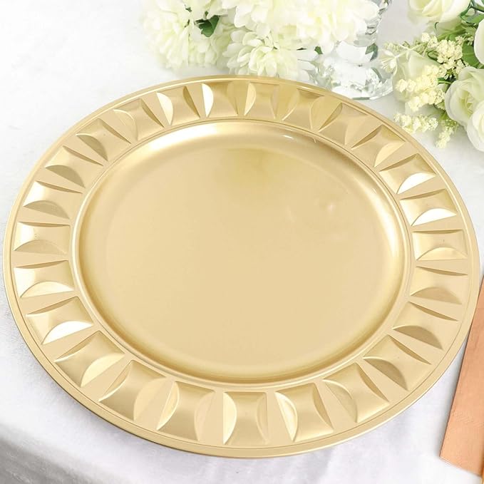 Efavormart 6 Pack | 13" Gold Round Bejeweled Rim Plastic Dinner Serving Trays, Disposable Charger Plates