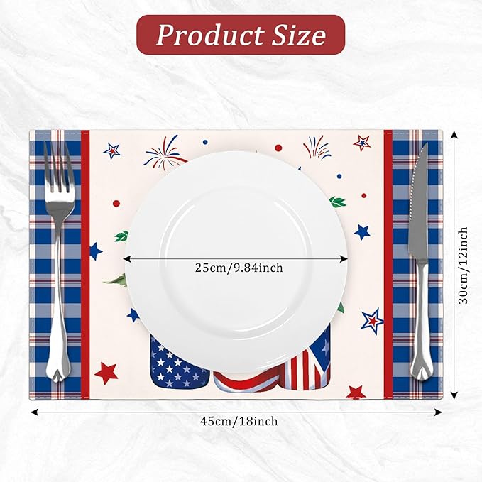 comfoyar Buffalo Plaid Patriotic Placemats Set of 4, 12x18 Inch Non-Slip Linen 4th of July Place Mats, Washable Absorbent Independence Day Flower Table Mats for Kitchen Dining Party Table Decoration