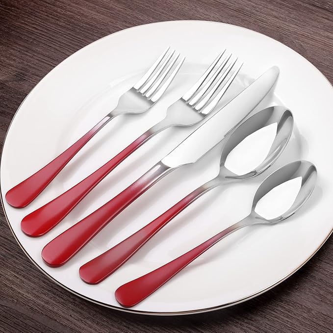 Silverware Set, Bysta 20-Piece Stainless Steel Flatware Set, Kitchen Utensil Set Service for 4, Tableware Cutlery Set for Home and Restaurant, Mirror Polished, Dishwasher Safe (Gradient Red)