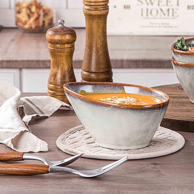 Henten Home Ceramic 20 oz Salad Bowls Set, Slanted Snack Bowl Set of 4, Porcelain Serving Bowls for Soup, Dessert, Microwave & Dishwasher Safe, Reactive Glaze (White)