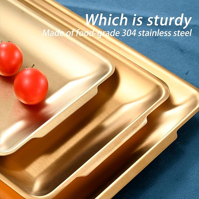 3Pcs 304 Stainless Steel Food Serving Tray, 12.6" Rectangular Serving Platters Multipurpose for Kitchen,Party Organizer Tray for Buffet Brushed Nickel (Gold)