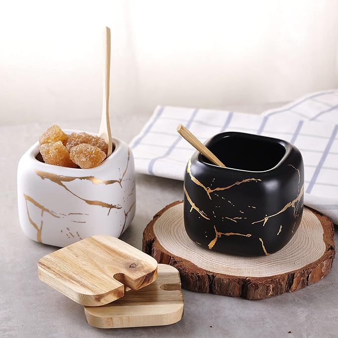 VanEnjoy Decorative Marble Pattern Ceramic Sugar Spice Containers Porcelain Jar with Bamboo Lid and Spoon Condiment Jar for Home
