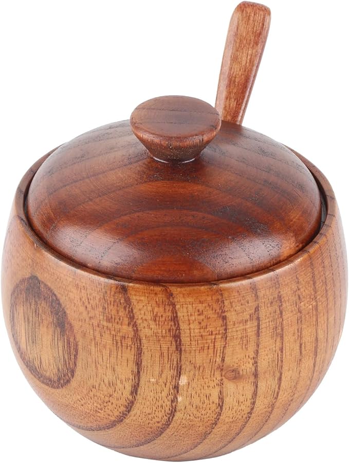 Hapivida Wood Salt Spice Box with Lid Spoon, Salt Cellar Salt Pepper Keeper Spice Bowls for Cooking Sugar Holder for Kitchen Seasoning Container Holder