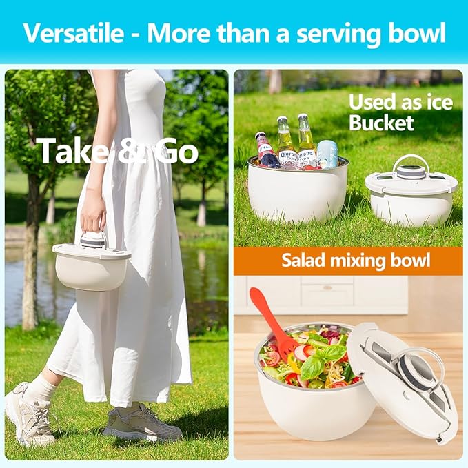 Double-Walled Stainless Steel Insulated Serving Bowl with Leak - Proof Lid - Insulated Casserole Dish - Keeps Food Warm and Cold for Hours - Perfect for Holidays, Parties, Camping - (2Q, White)