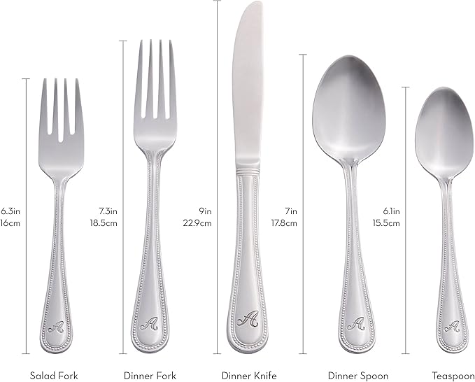 RiverRidge Monogrammed Beaded Flatware Set - C - 46-Piece Silverware with Custom Letter Stamp, 18/0 Stainless Steel Utensils Set for Daily Use & Special Occasions - Dishwasher Safe, Versatile Design