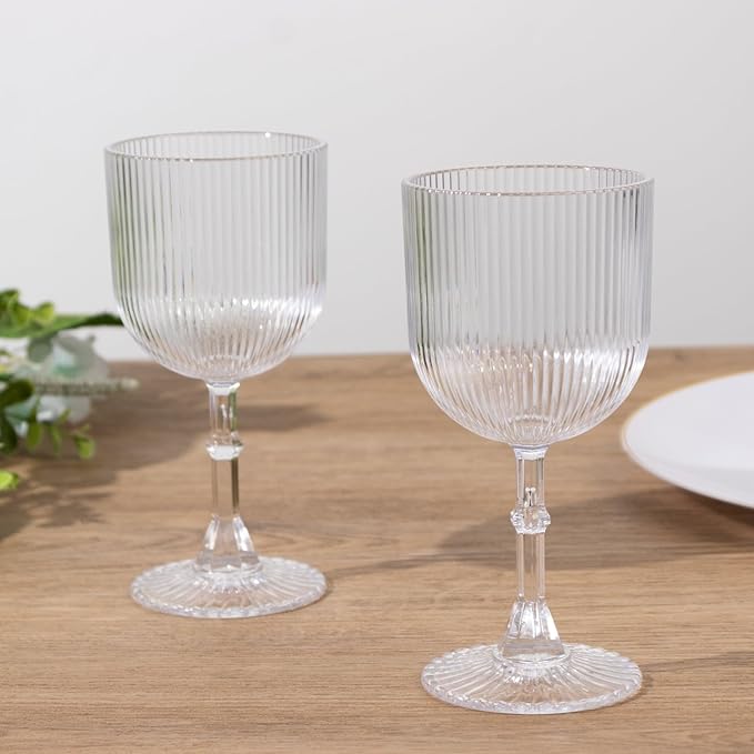TCF Linen 12 Pack Clear Plastic Wine Goblets, 9oz Ribbed Reusable Shatterproof Drinkware for Weddings Parties Catering Cocktails and Desserts Cups