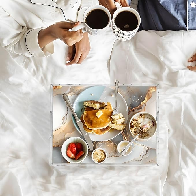 Rectangle Acrylic Tray Marble Gold Silver Acrylic Serving Trays with Handles 12x16 inches Clear Trays for Serving Food Spill-Proof
