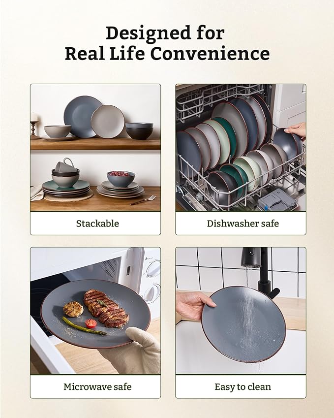 Famiware Venus Speckled Dinnerware Set with Pasta Bowls, Service for 6 (24 Pieces), Stoneware Plates and Double Bowls Sets, Microwave & Dishwasher-Safe Dishes with Trim, Matte Charcoal