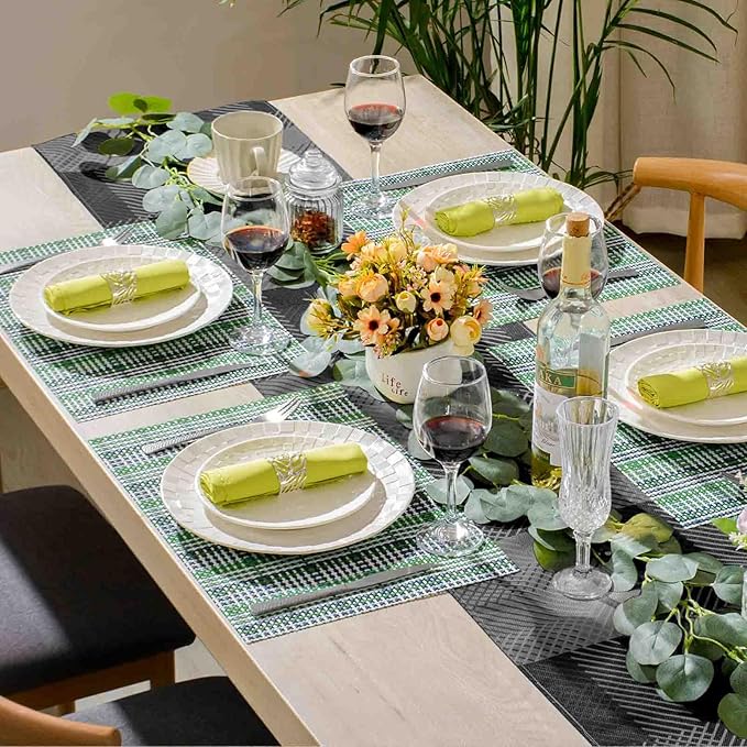 AHHFSMEI Placemats for Dining Table Set of 4 Woven Vinyl Plastic Place Mats Non-Slip Heat Insulation Stain Resistant Table Mats Washable Easy Clean Placemats (Green Blue Stripe 4)