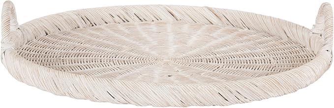 Kate and Laurel Cormont Modern Round Woven Rattan Tray with Handles; 23 Inch Diameter; Whitewash Rattan; Decorative Circle Boho Tray for Use as Versatile Ottoman Tray or Serving Platter