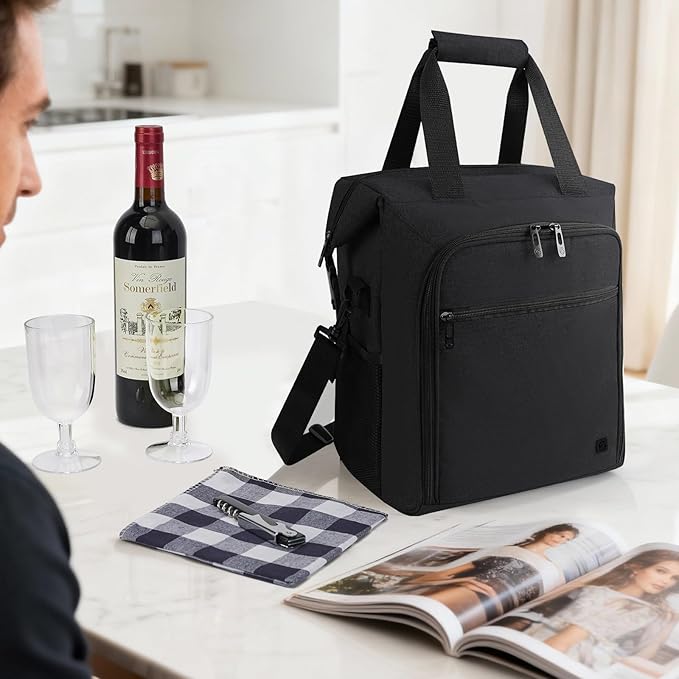 ALLCAMP 6 Bottle Wine Gift Bag - Insulated Tote Cooler, Adjustable Strap, Includes 6 Wine Glasses, Napkins & Corkscrew, Portable Travel Gifting(Black)