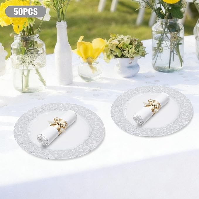 50Pcs Antique Charger Plates, 13" Plastic Chargers Bulk With Embossed Rim, Round Chargers for Dinner Plates, Decorative Plate Table Setting for Party Wedding Banquet Holiday Event (White+Silver)