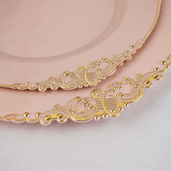 10" Dinner Plates -Set of 10 - Plastic Blush Round Baroque Disposable Chargers Leaf Embossed Rim, Ideal for Dinner Party Wedding Bulk Events