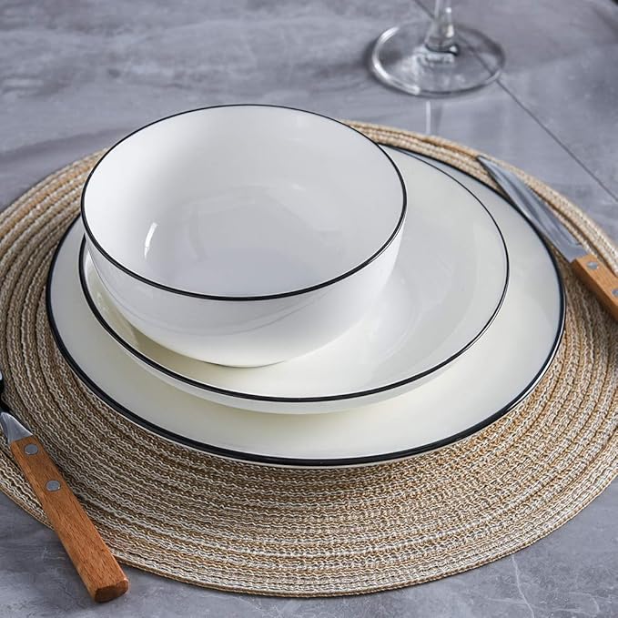 YOLIFE 10 inch Dinner Plates Set of 6, White Plate with Black Trim, Ceramic Steak Plates, Microwave & Dishwasher Safe