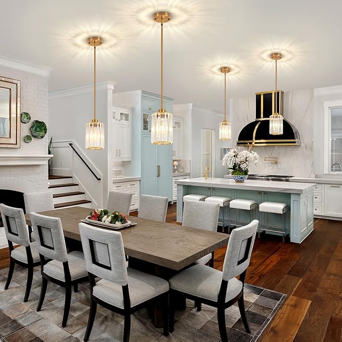 2 Pack Pendant Lights Kitchen Island, Modern Gold Crystal Pendant Lighting, Kitchen Hanging Light fixtures Mini Chandelier Pendant Lighting for Island Dining Room Hallway
