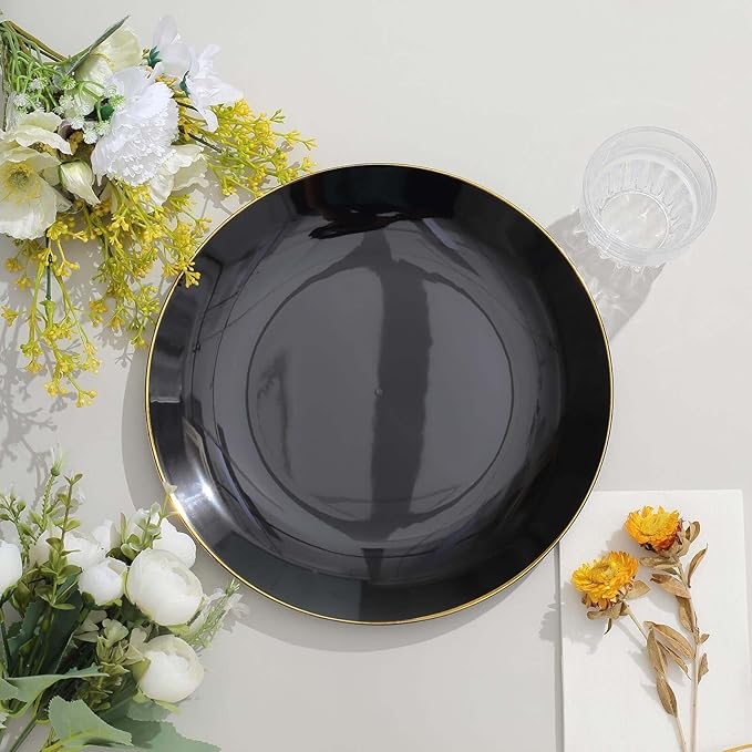Efavormart 10 Pack | 10" Glossy Black Round Plastic Dinner Plates With Gold Rim, Disposable Party Plates