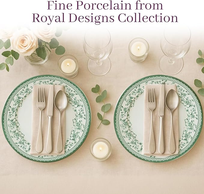 Tudor Royal 12-Piece Round Porcelain Dinnerware Set, Service for 4 - Aster Green Design, Multicolor Floral, Plates Bowls Mugs Dishes, Premium Quality Tableware, Unique Pattern, Glossy