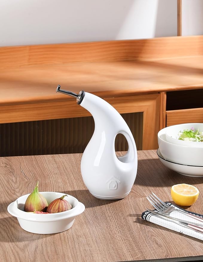 Sweejar Ceramic Olive Oil Dispenser Bottle, 24 Oz Opaque Cruet Protects EVOO Oil to Reduce Oxidation, Suitable for Storage Vinegar, Coffee Syrups, Liquids (White)