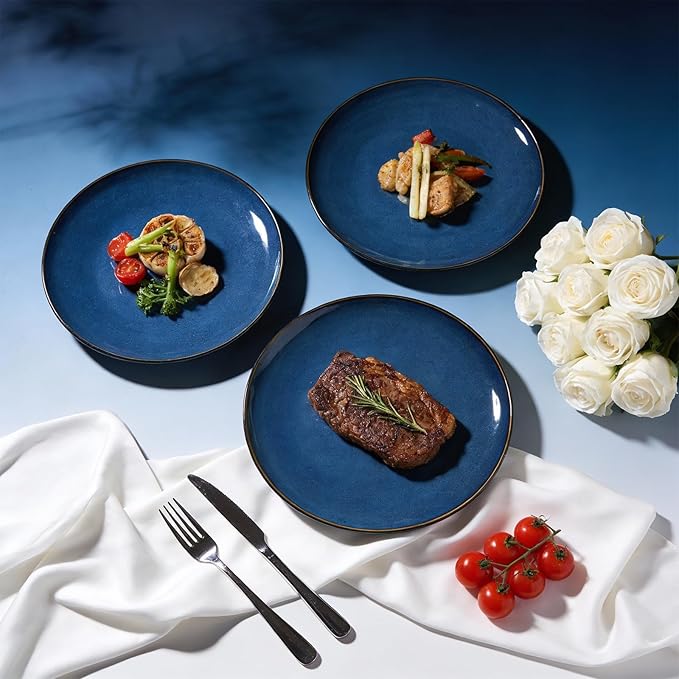 Organic Shape Highland Ceramic Dinner Plates, 12pcs 11.65 Inch Handmade Reactive Glaze Stoneware Plates with Wavy Edge, for Kitchen, Microwave & Dishwasher Safe, Scratch Resistant-Blue