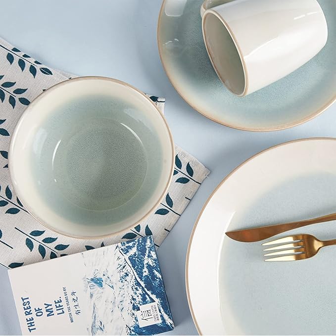 16-Piece Stoneware Dinnerware Set, Dish Set, Tableware Combination Set, Elegant White/Blue Serveware Set Service for 4, Including Dinner Plate, Desert Plate, Cereals Bowl, Mugs