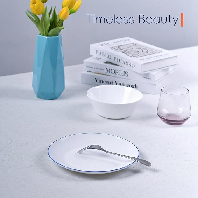 8.5 inch Salad Plate Set of 6, Lightweight Opal Glass Round White Plates for Appetizer Dessert Kitchen, Dishwasher and Microwave Safe, Hand Painted Navy Blue Rim