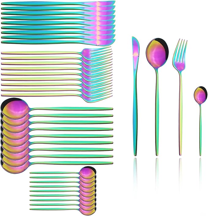 40 Pcs Mirror Polish Silverware Set, Large Set 18/10 Stainless Steel Flatware Cutlery Set For Home Daily Use/Wedding Party/Restaurant, Utensils Set Service For 10 (Rainbow)