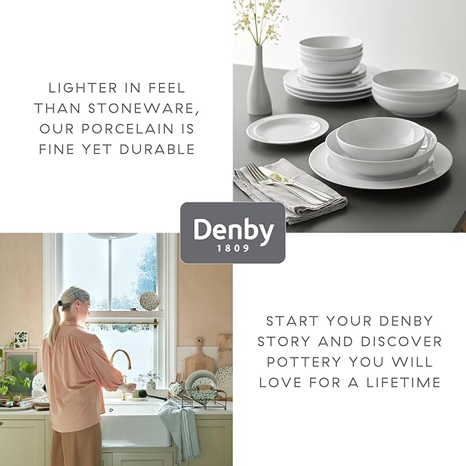 Denby - White By Denby Dinner Set For 4-12 Piece Tableware Set - Fine Porcelain Dinnerware Set - Dishwasher Microwave Oven Safe, Scratch Resistant - 4 x Dinner Plates, Small Plates & Cereal Bowls