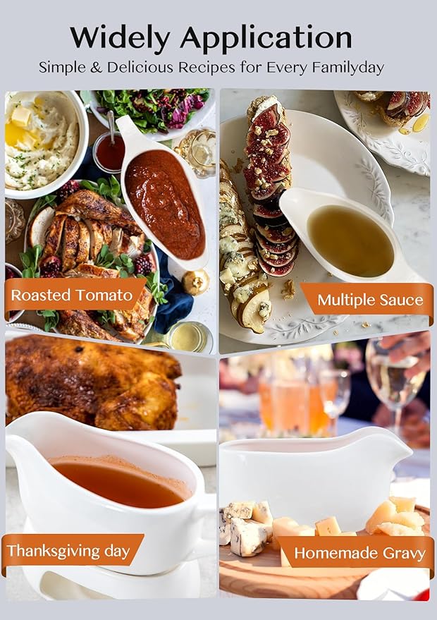 Nucookery Large 18 Oz Gravy Boat with Warmer, White Fine Porcelain Saucier With Big Dripless Lip Spout, Gravy Bowl For Thanksgiving, Warming Sauces, Salad Dressings, Microwave & Freezer Safe(Set of 2)
