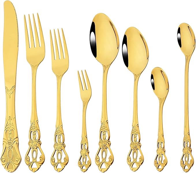 Elegant 32-Piece (4 Set) Retro Flatware Set, Stainless Steel Cutlery Set - Complete Eating Tableware Serving Set, Dishwasher Safe, Shiny Mirror Polish (Gold)