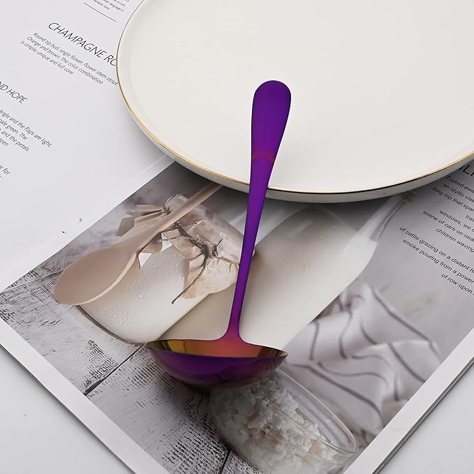 7 Pcs Purple Serving Utensils, Stainless Steel Flatware Serving Set, Include Cake Server/Slotted Spoon/Serving Spoon and Fork/Soup Ladle, Serveware Set for Buffet and Party