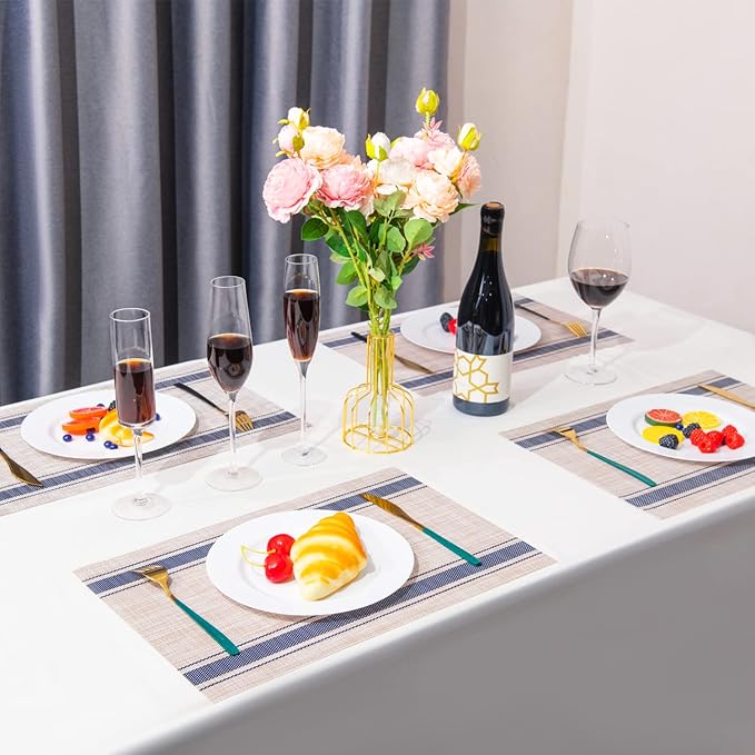 Placemats,PlasticVinyl Washable Heat-Resistant Durable PVC Non-Slip Woven for Kitchen Dining Table Mats (Set of 6, Blue Beige)