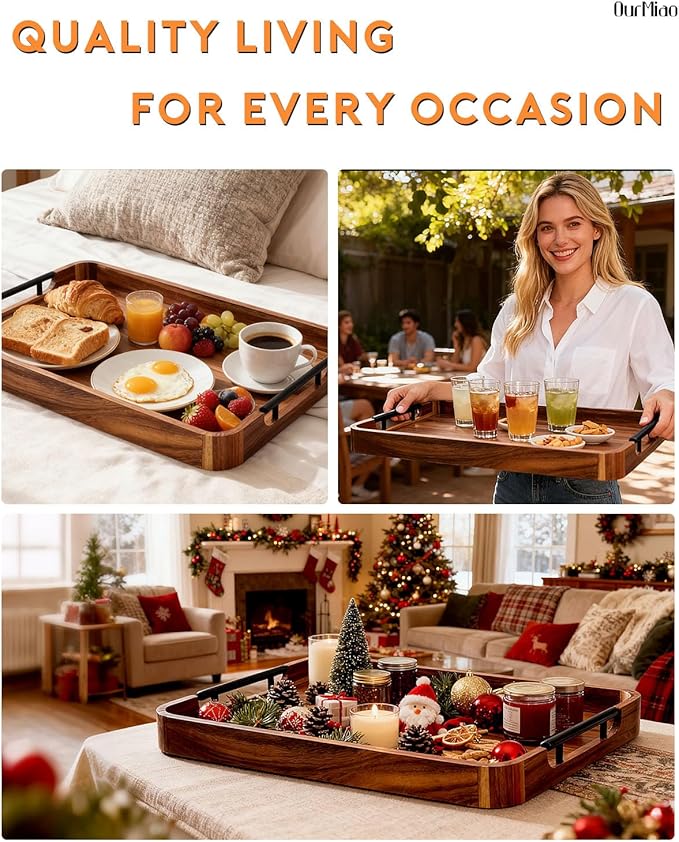 22 x 15.7 Inches Acacia Wood Serving Tray with Metal Handles, Large Rectangular Ottoman Tray with Rounded Corner, Great for Living Room, Coffee Table, Kitchen, Serving Food & Hosting